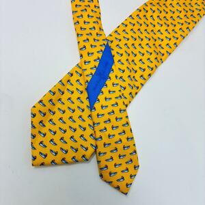 J McLaughlin Duck Print Silk Tie Yellow Blue Novelty Italian Made 3.5 x 59